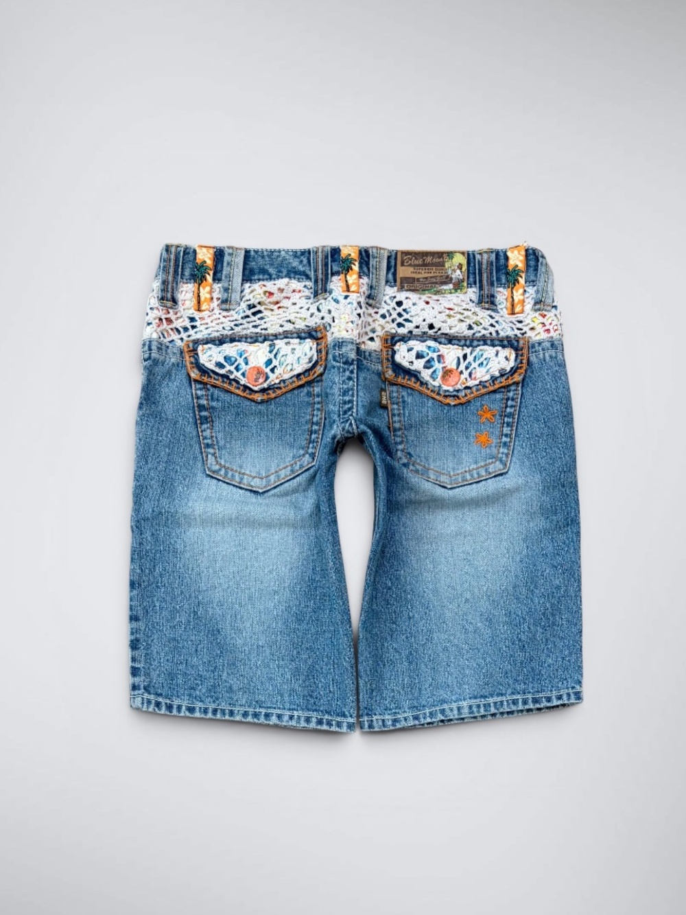 VTG Archive Blue Moon Blue Tropical Hibiscus Crochet Patchwork Denim Jorts